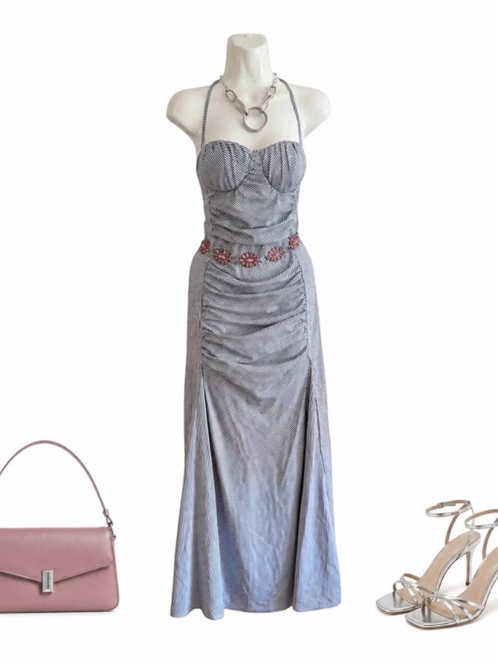 Fashion Nova Striped Ruched Halter Maxi Dress Size Small